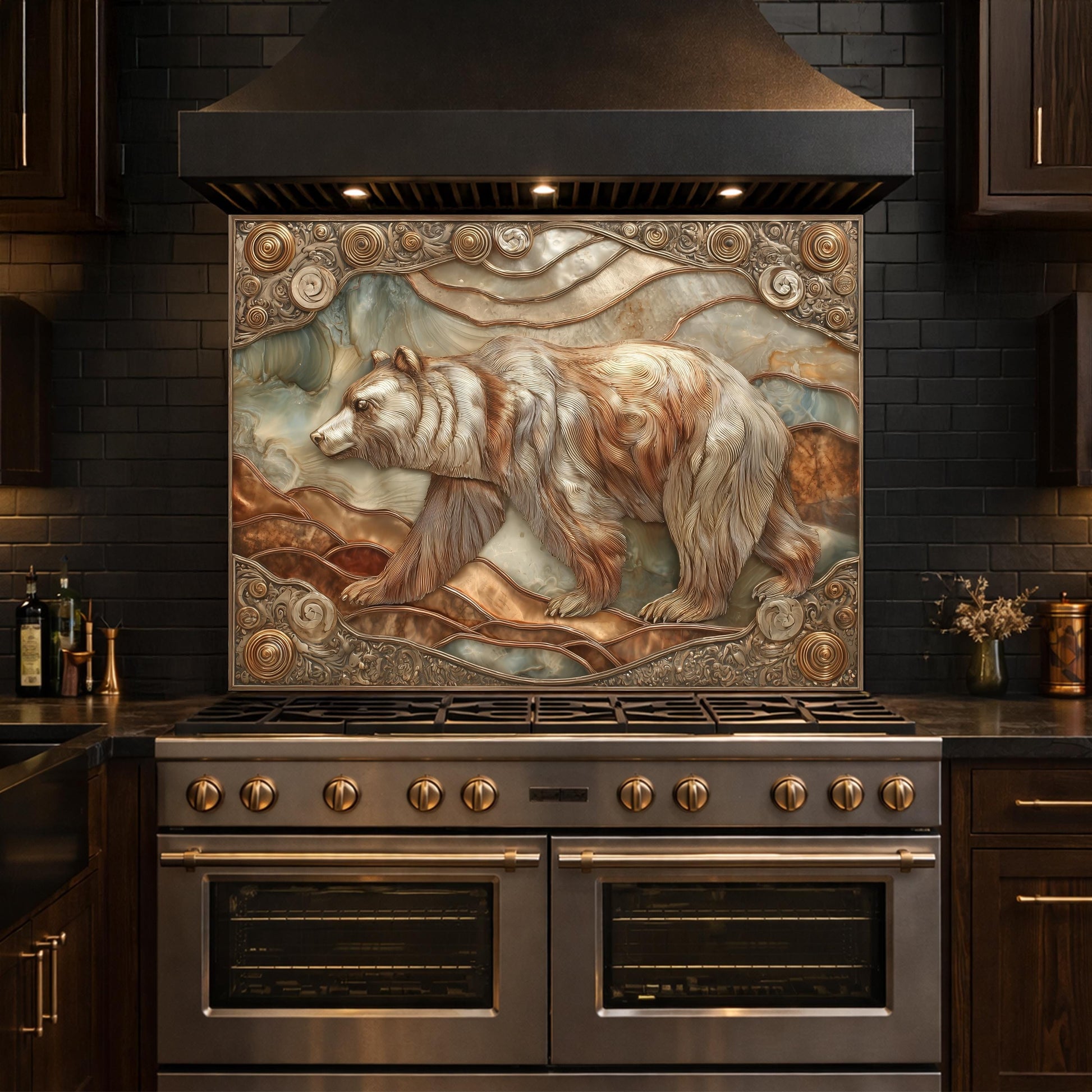 Grizzly Bear Tempered Glass Backsplash, Copper Look Wildlife Mountain Wall Panel, Custom Size