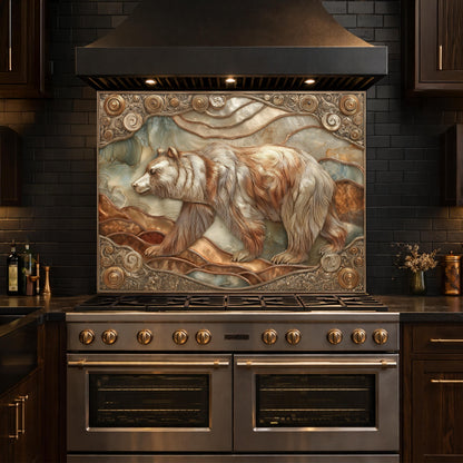 Grizzly Bear Tempered Glass Backsplash, Copper Look Wildlife Mountain Wall Panel, Custom Size