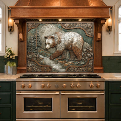 Mountain Stream Tempered Glass Backsplash, Copper Look Grizzly Bear Wall Panel, Custom Size