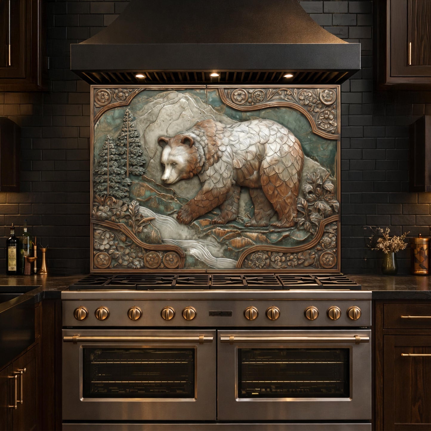 Mountain Stream Tempered Glass Backsplash, Copper Look Grizzly Bear Wall Panel, Custom Size