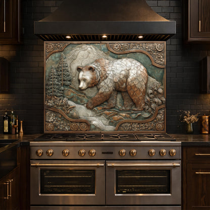 Mountain Stream Tempered Glass Backsplash, Copper Look Grizzly Bear Wall Panel, Custom Size