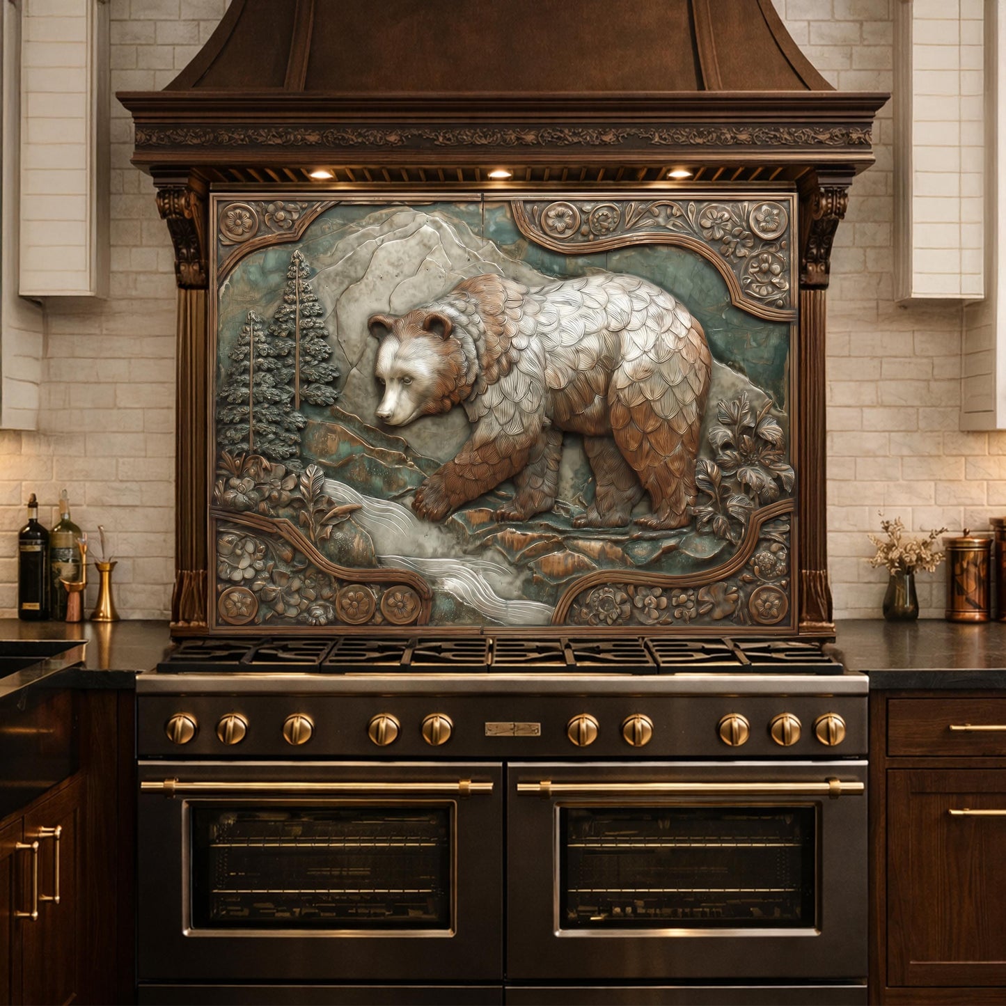 Mountain Stream Tempered Glass Backsplash, Copper Look Grizzly Bear Wall Panel, Custom Size