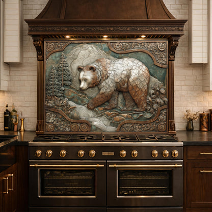 Mountain Stream Tempered Glass Backsplash, Copper Look Grizzly Bear Wall Panel, Custom Size