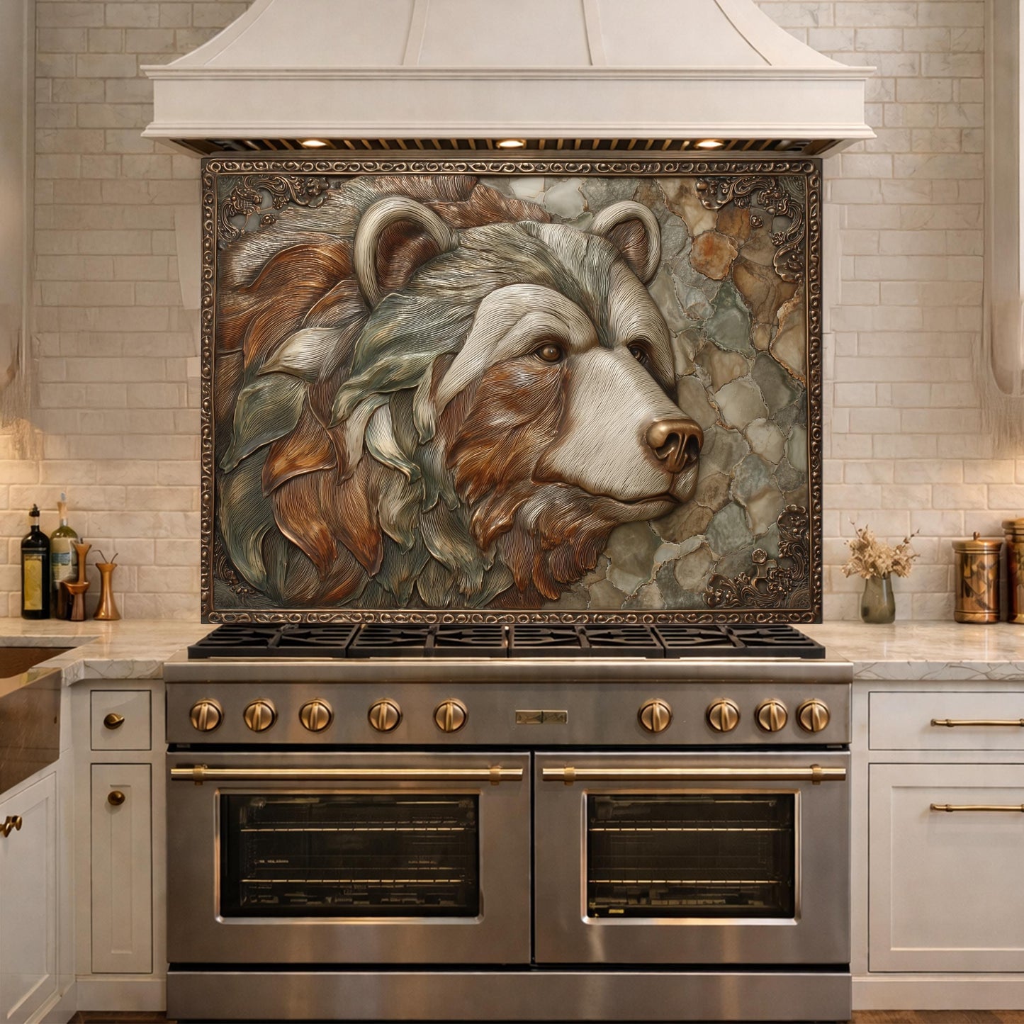 Mountain Peak Tempered Glass Backsplash, Copper Look Snowy Alpine Wall Panel, Custom Size