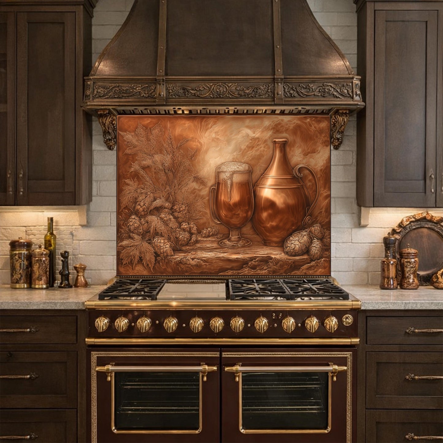 Vintage Barware Tempered Glass Backsplash, Copper Look Hops and Ale Wall Panel, Custom Size