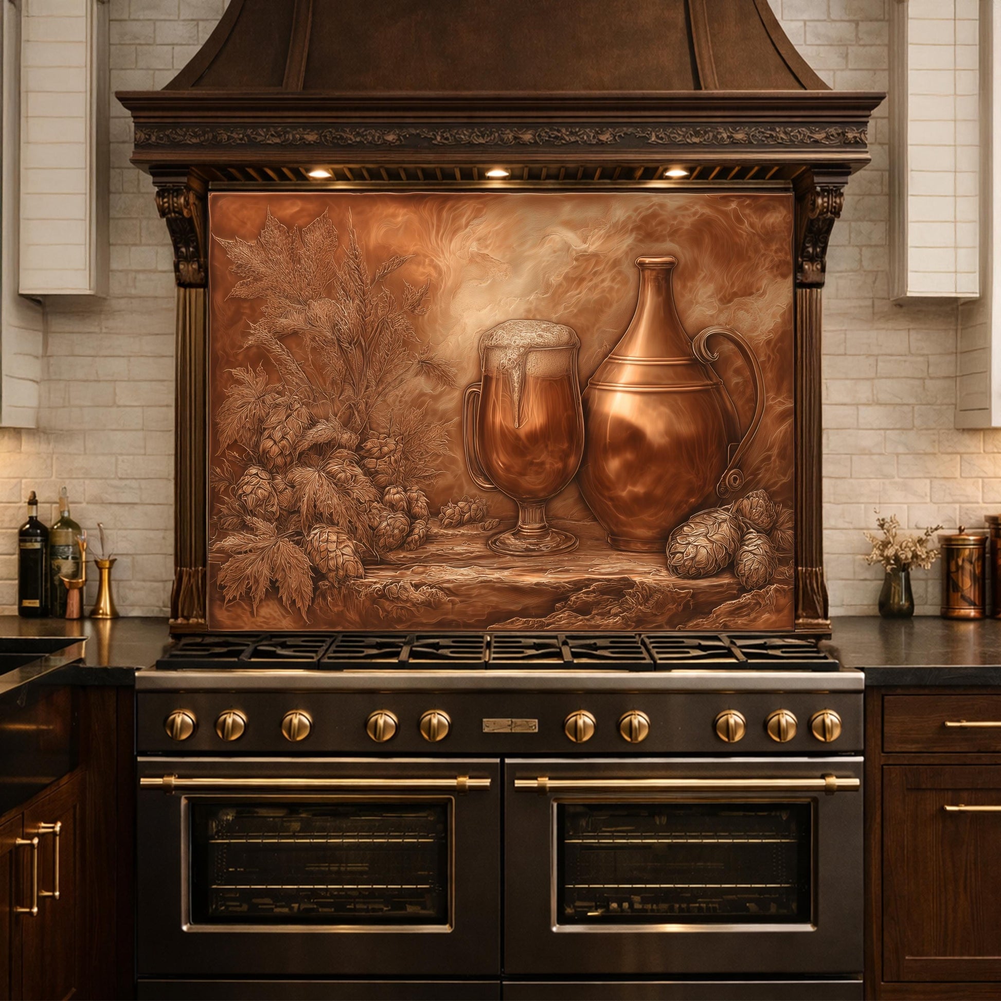 Vintage Barware Tempered Glass Backsplash, Copper Look Hops and Ale Wall Panel, Custom Size