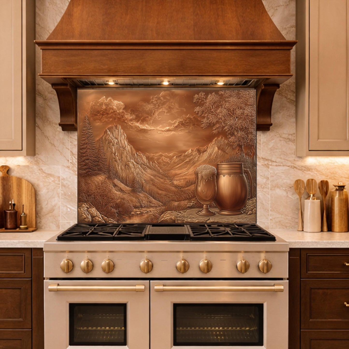 Alpine Peak Tempered Glass Backsplash, Copper Look Mountain Wall Panel, Custom Size