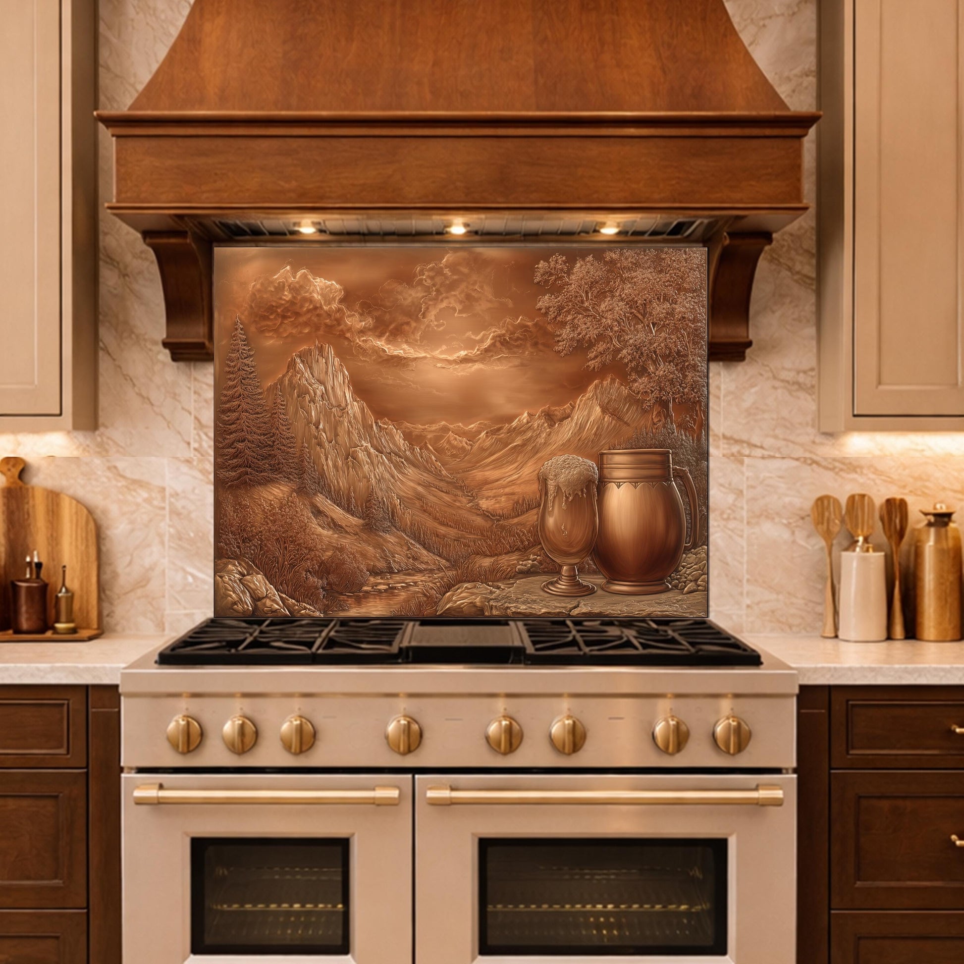Alpine Peak Tempered Glass Backsplash, Copper Look Mountain Wall Panel, Custom Size