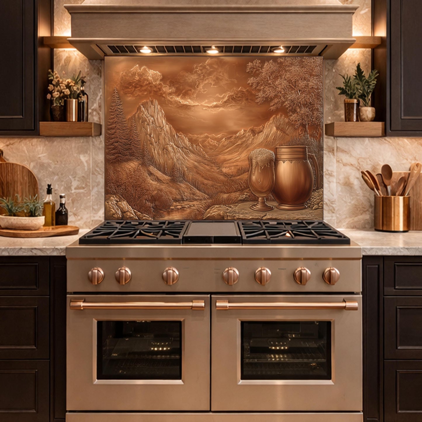 Alpine Peak Tempered Glass Backsplash, Copper Look Mountain Wall Panel, Custom Size