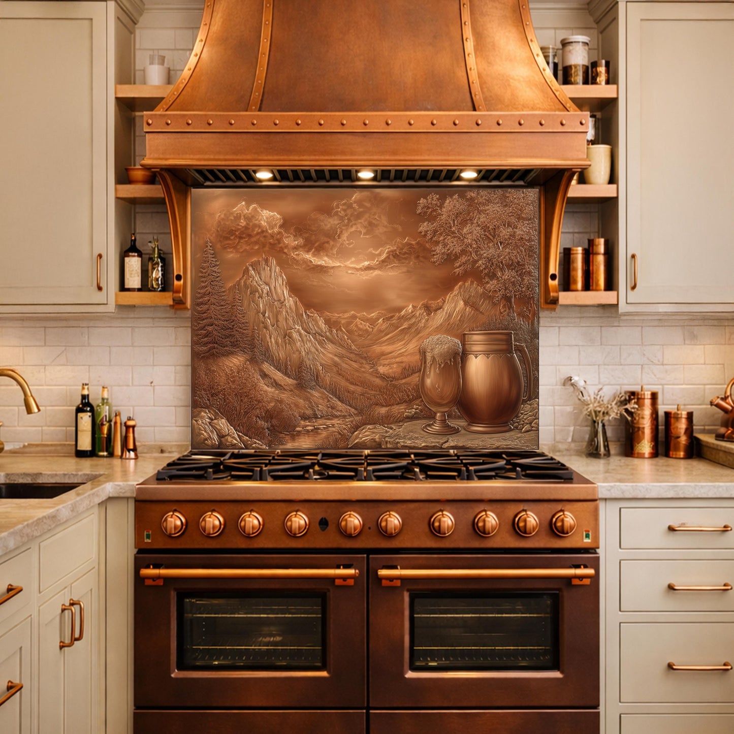 Alpine Peak Tempered Glass Backsplash, Copper Look Mountain Wall Panel, Custom Size