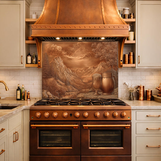 Alpine Peak Tempered Glass Backsplash, Copper Look Mountain Wall Panel, Custom Size