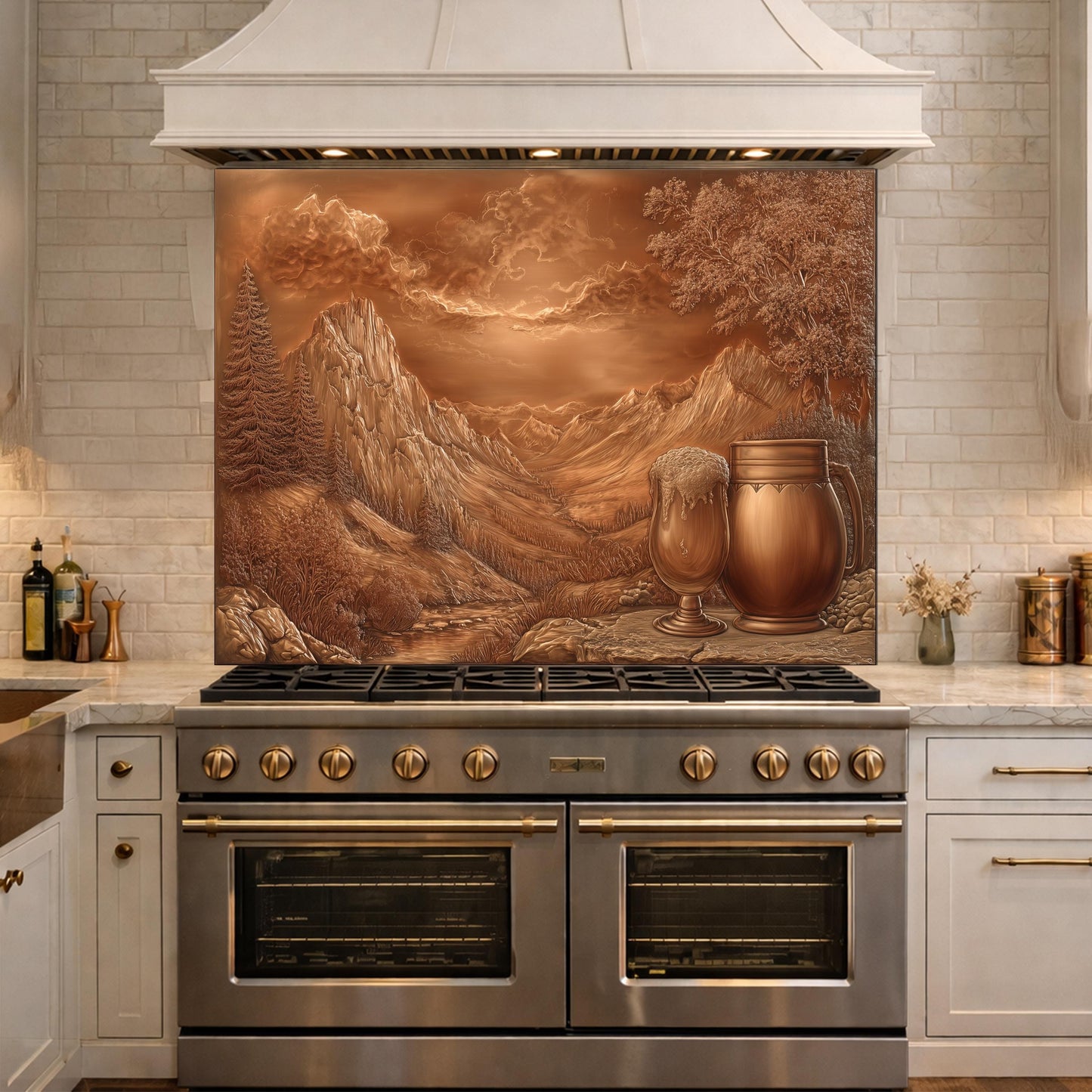 Alpine Peak Tempered Glass Backsplash, Copper Look Mountain Wall Panel, Custom Size