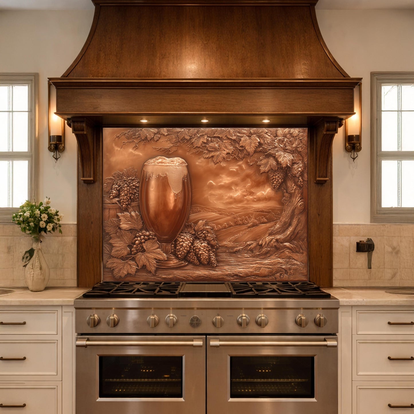 Vineyard Harvest Tempered Glass Backsplash, Copper Look Vineyard Grape Wall Panel, Custom Size