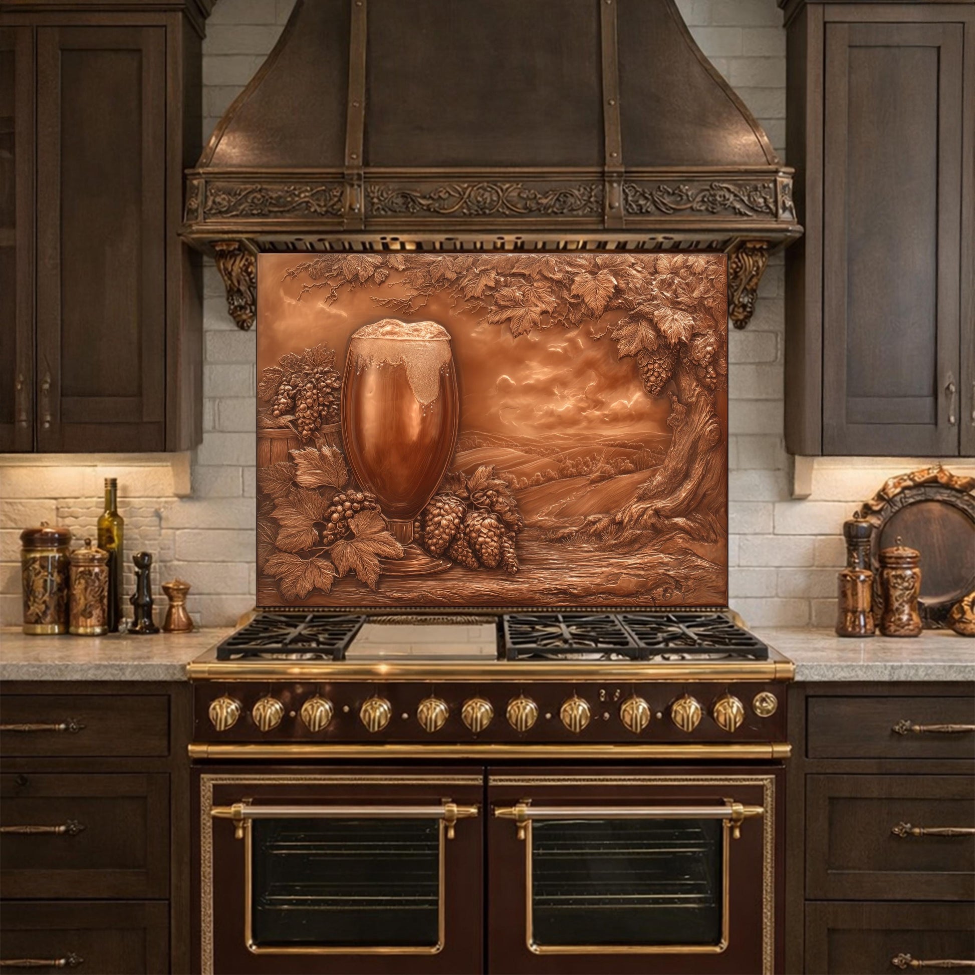 Vineyard Harvest Tempered Glass Backsplash, Copper Look Vineyard Grape Wall Panel, Custom Size