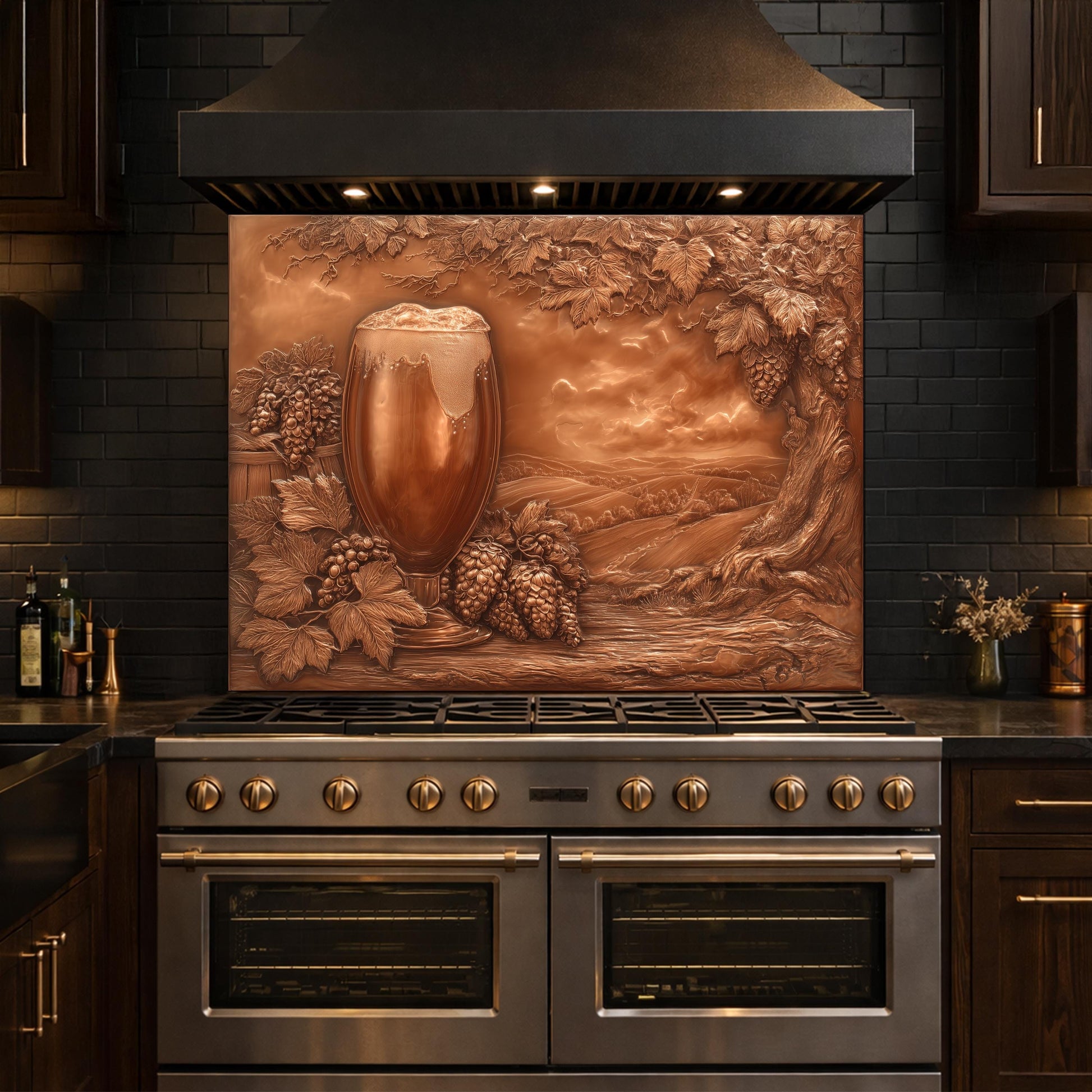 Vineyard Harvest Tempered Glass Backsplash, Copper Look Vineyard Grape Wall Panel, Custom Size