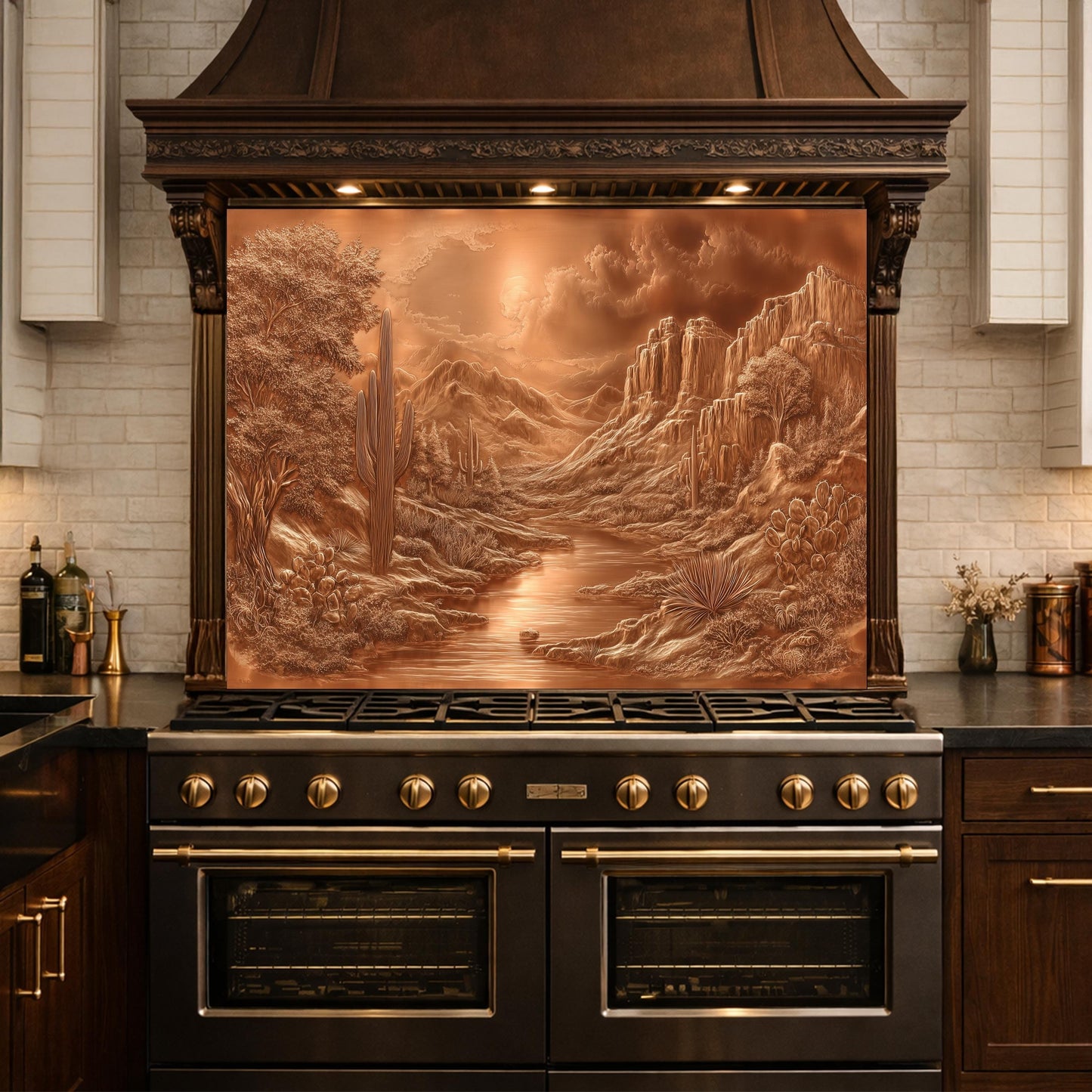 Desert Oasis Tempered Glass Backsplash, Copper Look Saguaro Cactus Wall Panel, Custom Size