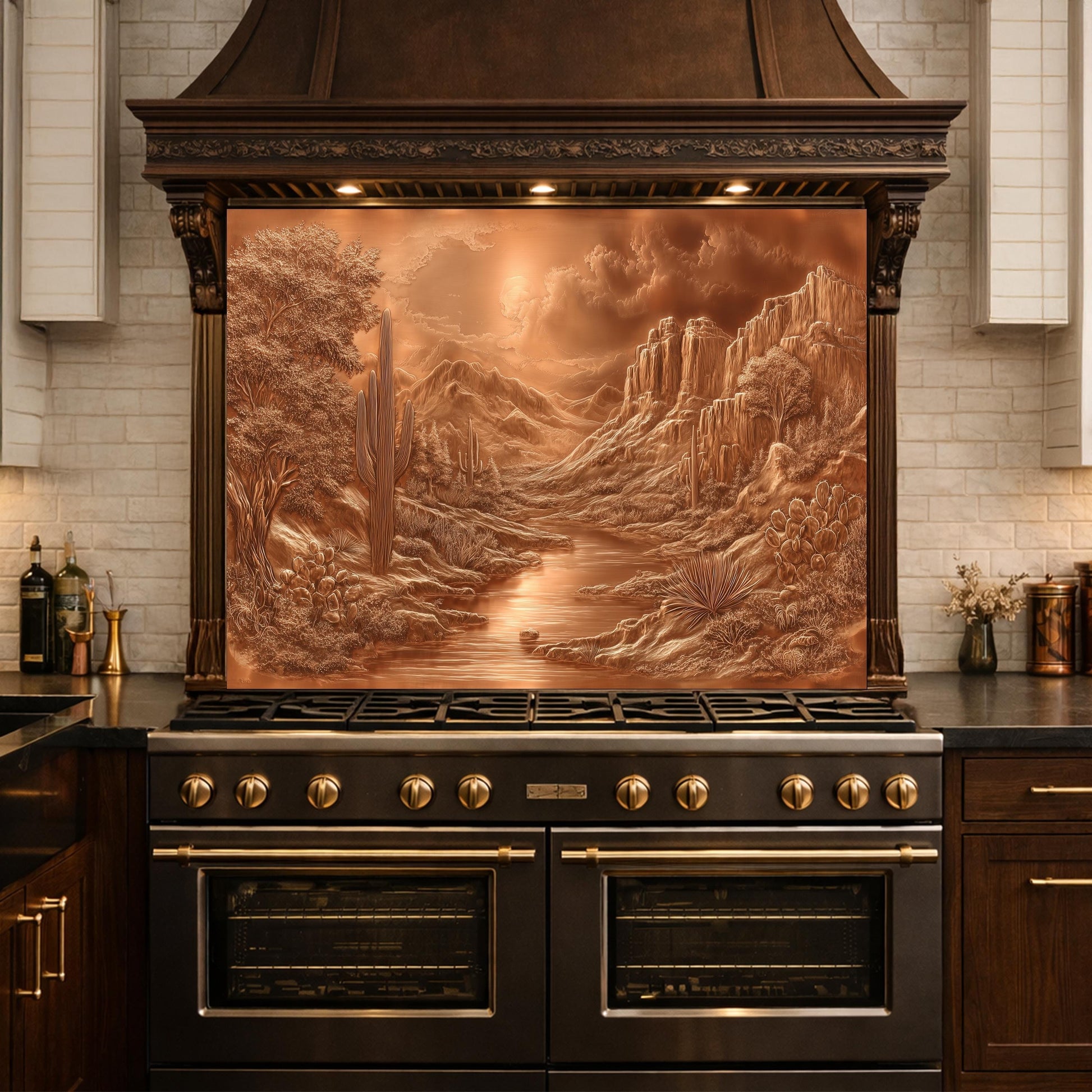 Desert Oasis Tempered Glass Backsplash, Copper Look Saguaro Cactus Wall Panel, Custom Size
