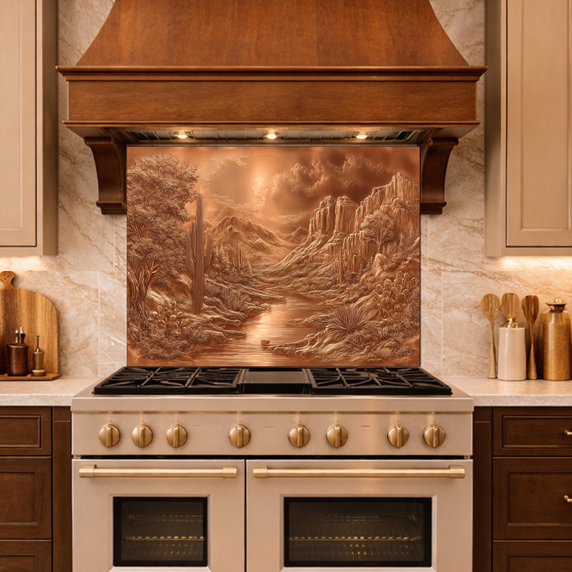 Desert Oasis Tempered Glass Backsplash, Copper Look Saguaro Cactus Wall Panel, Custom Size