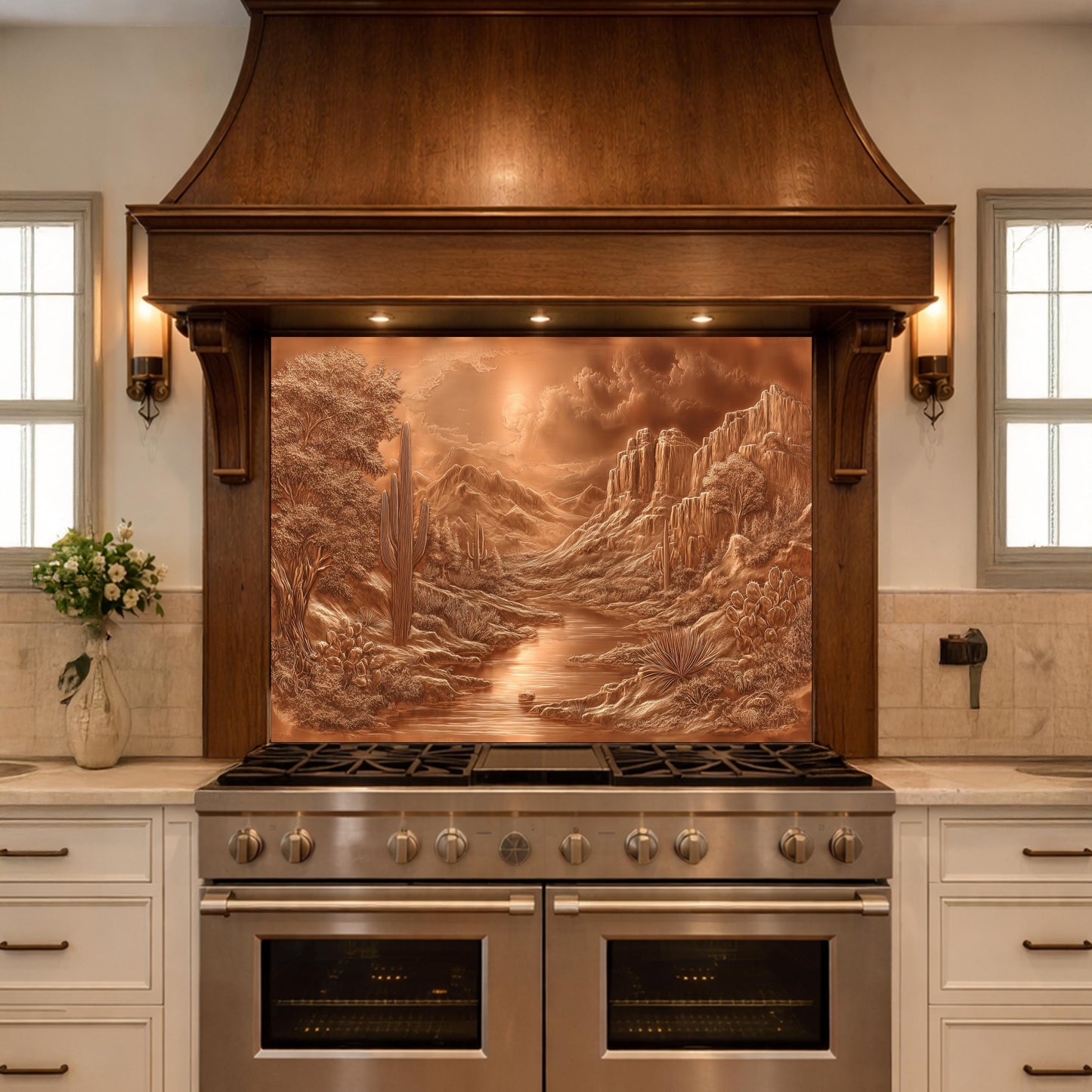 Desert Oasis Tempered Glass Backsplash, Copper Look Saguaro Cactus Wall Panel, Custom Size