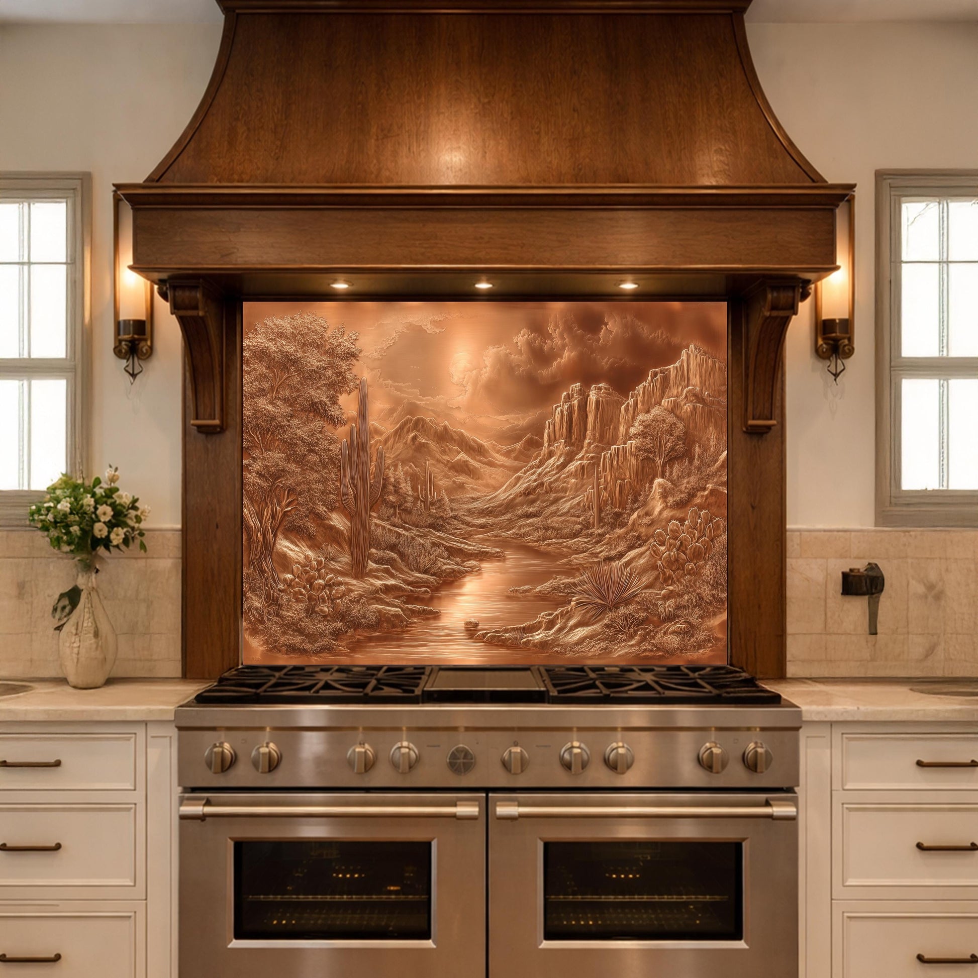 Desert Oasis Tempered Glass Backsplash, Copper Look Saguaro Cactus Wall Panel, Custom Size