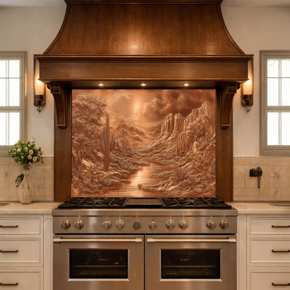 Desert Oasis Tempered Glass Backsplash, Copper Look Saguaro Cactus Wall Panel, Custom Size