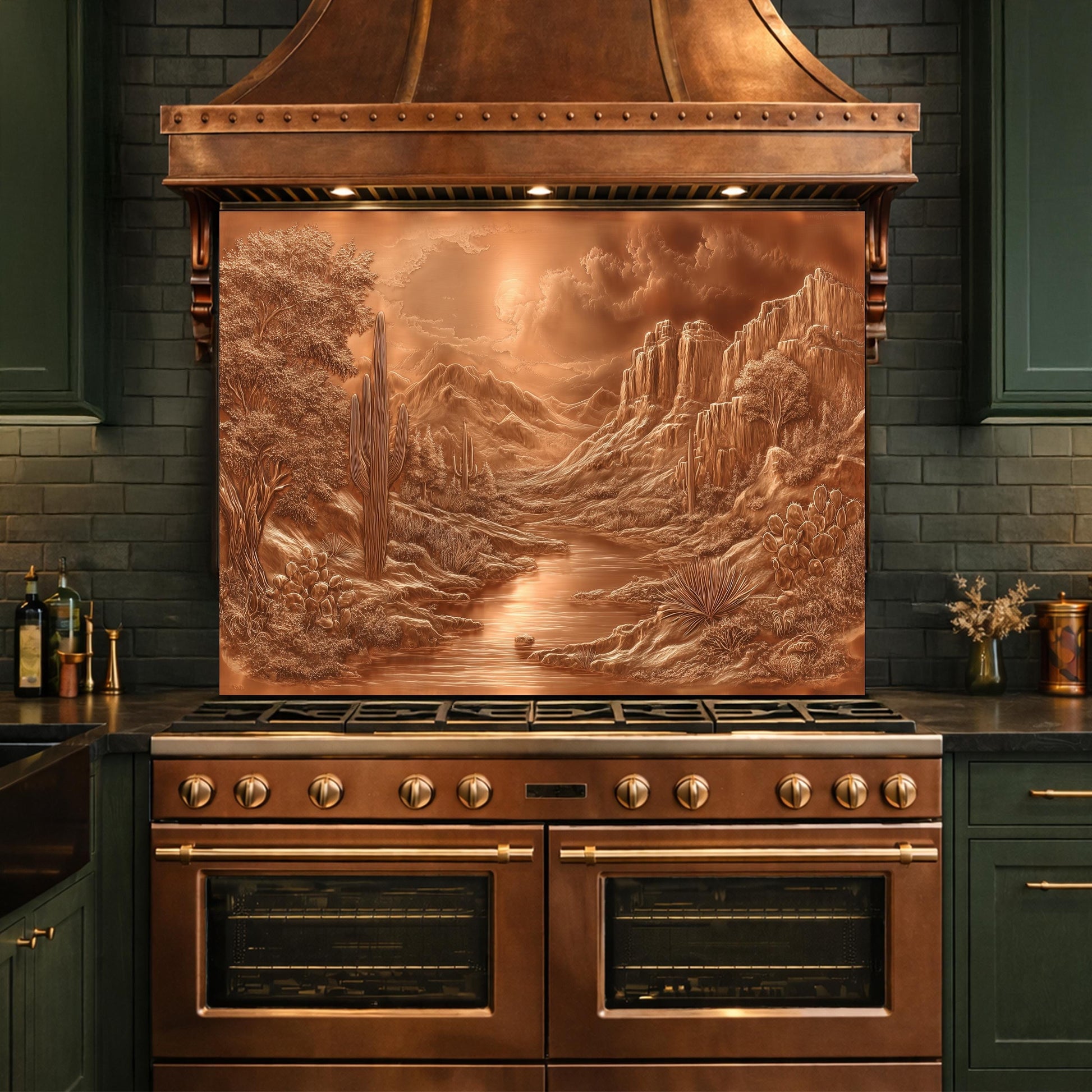 Desert Oasis Tempered Glass Backsplash, Copper Look Saguaro Cactus Wall Panel, Custom Size