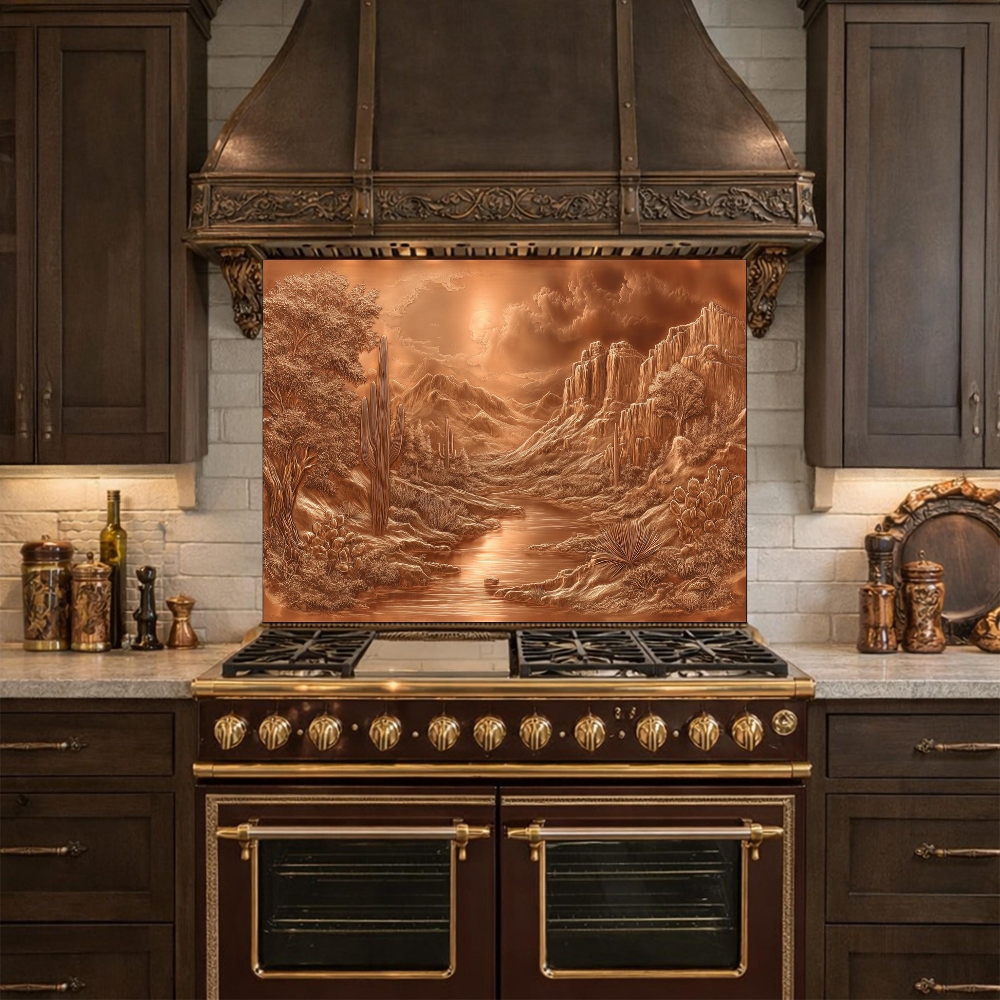 Desert Oasis Tempered Glass Backsplash, Copper Look Saguaro Cactus Wall Panel, Custom Size