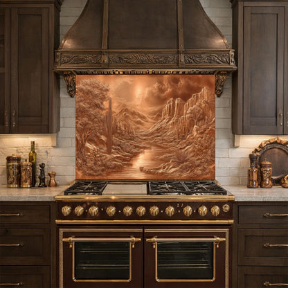 Desert Oasis Tempered Glass Backsplash, Copper Look Saguaro Cactus Wall Panel, Custom Size