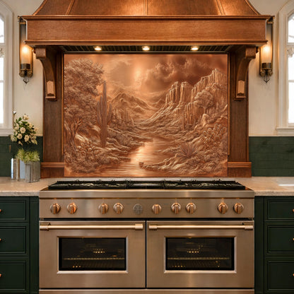 Desert Oasis Tempered Glass Backsplash, Copper Look Saguaro Cactus Wall Panel, Custom Size