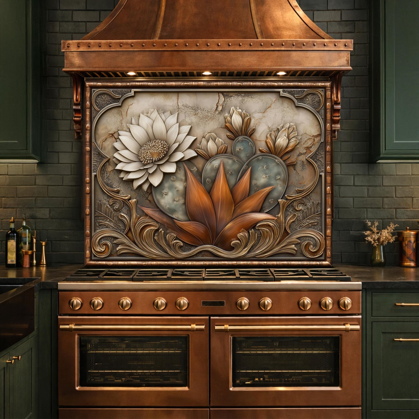 Desert Bloom Tempered Glass Backsplash, Copper Look Cactus Floral Wall Panel, Custom Size