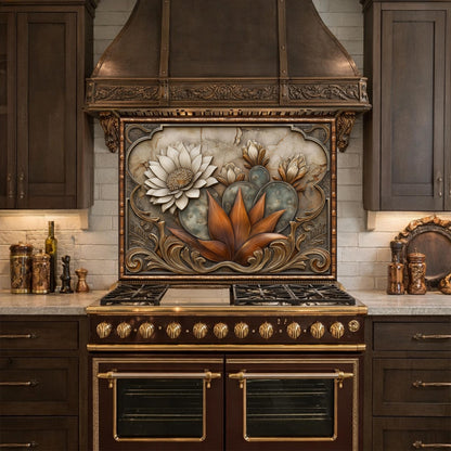 Desert Bloom Tempered Glass Backsplash, Copper Look Cactus Floral Wall Panel, Custom Size