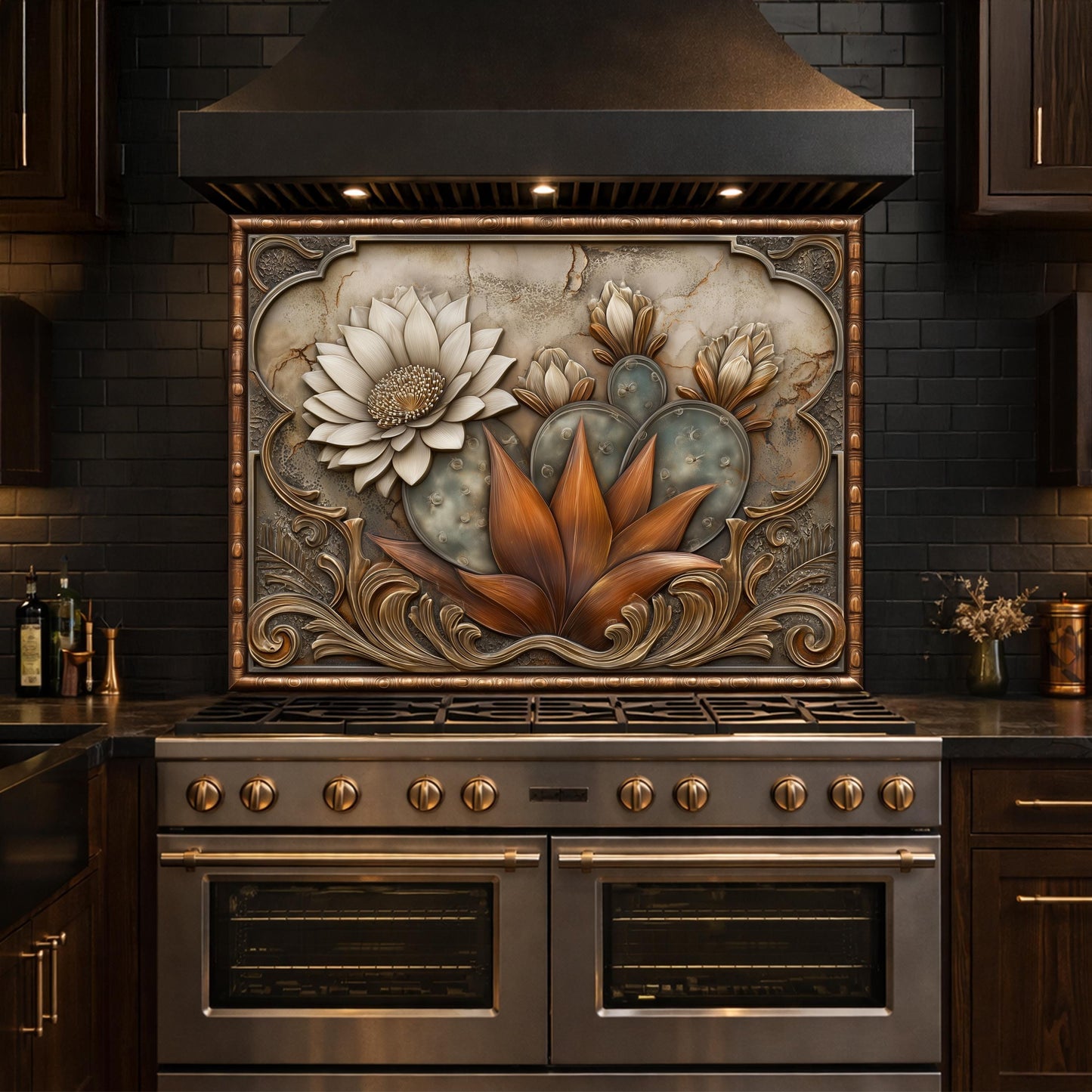 Desert Bloom Tempered Glass Backsplash, Copper Look Cactus Floral Wall Panel, Custom Size