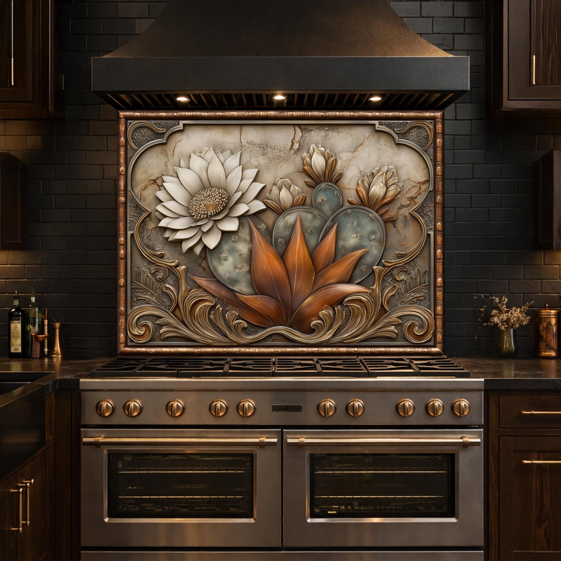 Desert Bloom Tempered Glass Backsplash, Copper Look Cactus Floral Wall Panel, Custom Size