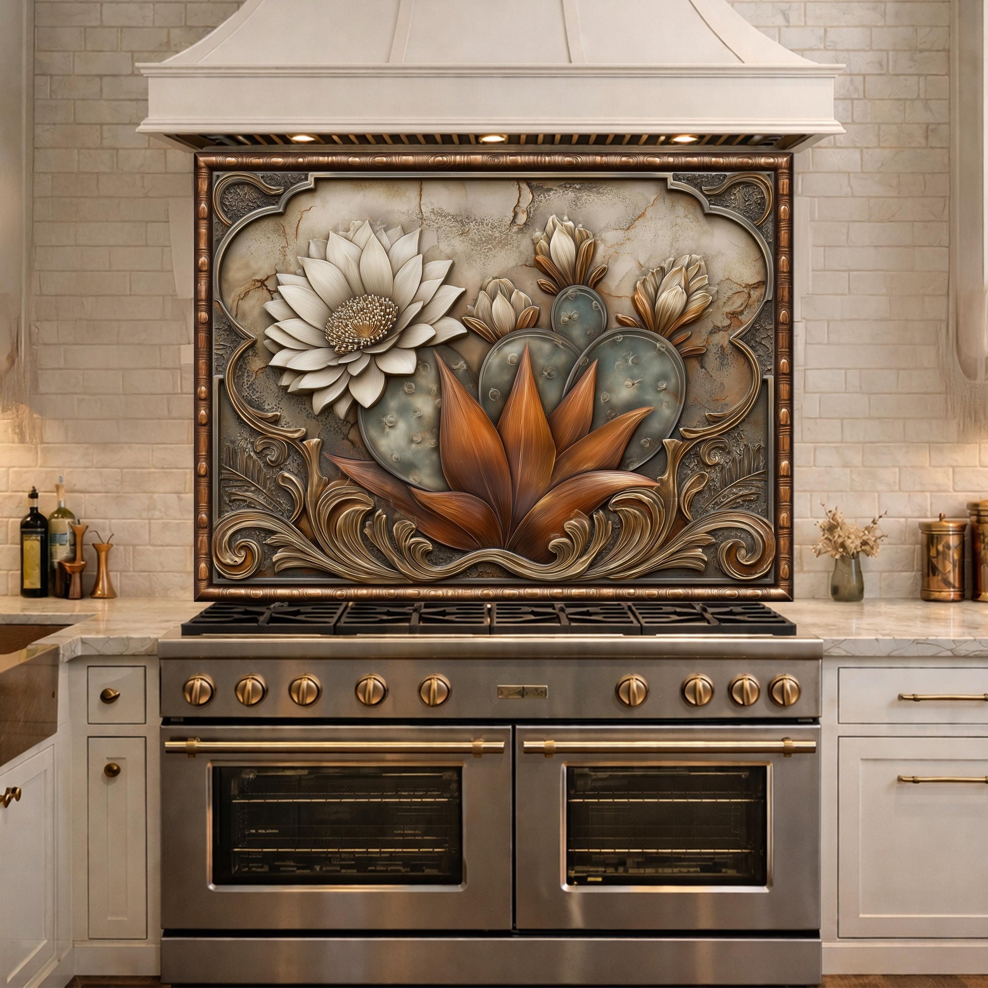 Desert Bloom Tempered Glass Backsplash, Copper Look Cactus Floral Wall Panel, Custom Size