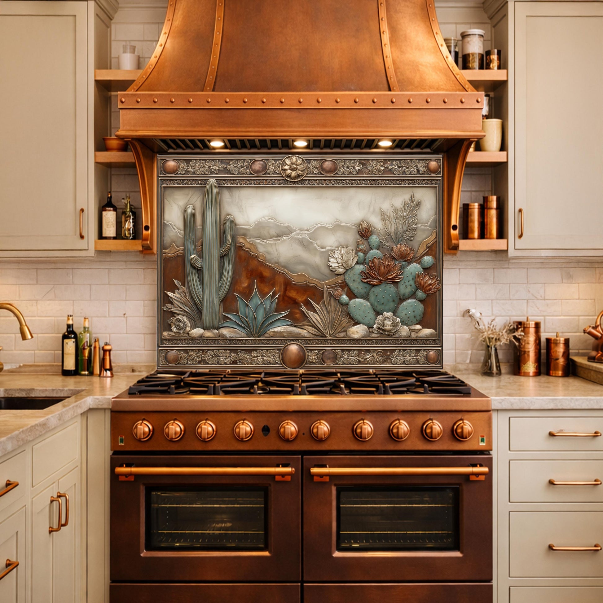 Desert Landscape Tempered Glass Backsplash, Copper Look Saguaro Cactus Wall Panel, Custom Size