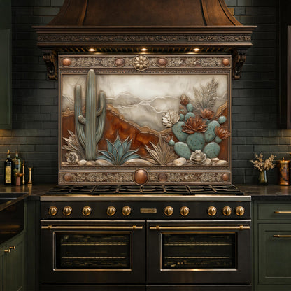 Desert Landscape Tempered Glass Backsplash, Copper Look Saguaro Cactus Wall Panel, Custom Size