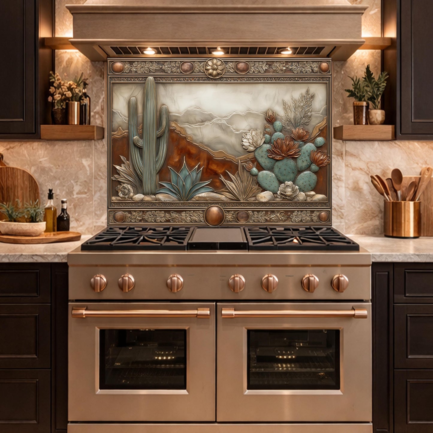Desert Landscape Tempered Glass Backsplash, Copper Look Saguaro Cactus Wall Panel, Custom Size