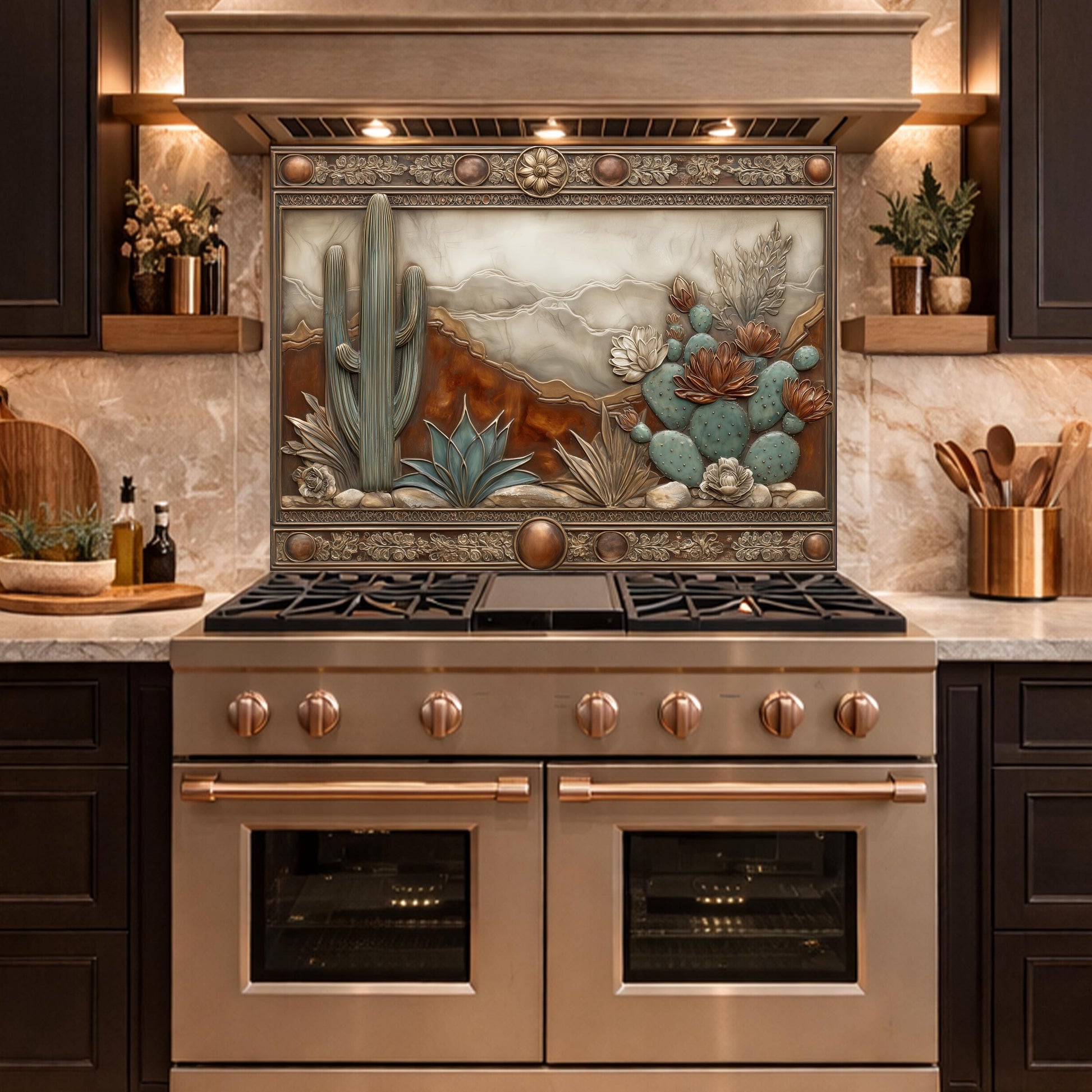 Desert Landscape Tempered Glass Backsplash, Copper Look Saguaro Cactus Wall Panel, Custom Size