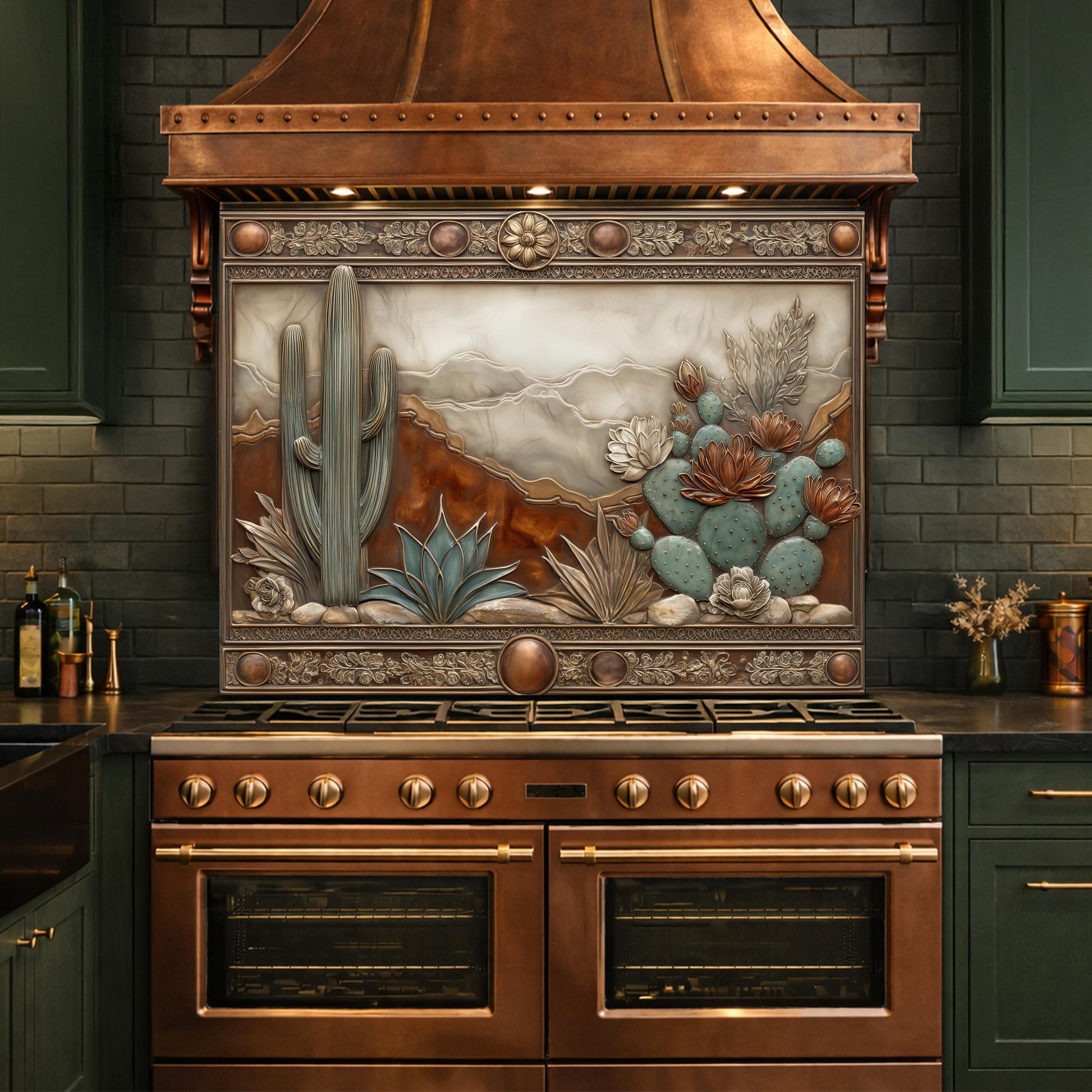 Desert Landscape Tempered Glass Backsplash, Copper Look Saguaro Cactus Wall Panel, Custom Size