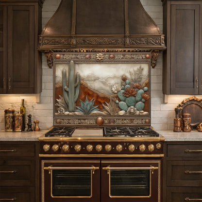 Desert Landscape Tempered Glass Backsplash, Copper Look Saguaro Cactus Wall Panel, Custom Size