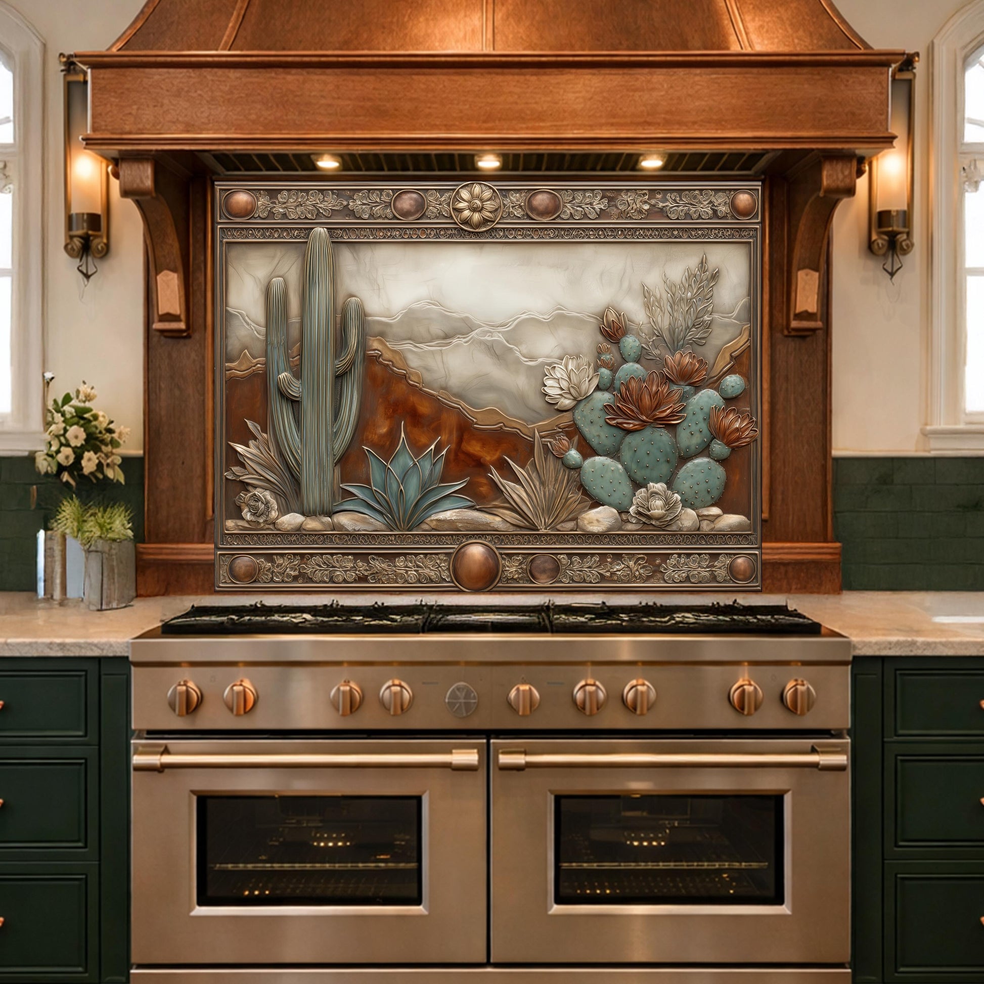 Desert Landscape Tempered Glass Backsplash, Copper Look Saguaro Cactus Wall Panel, Custom Size