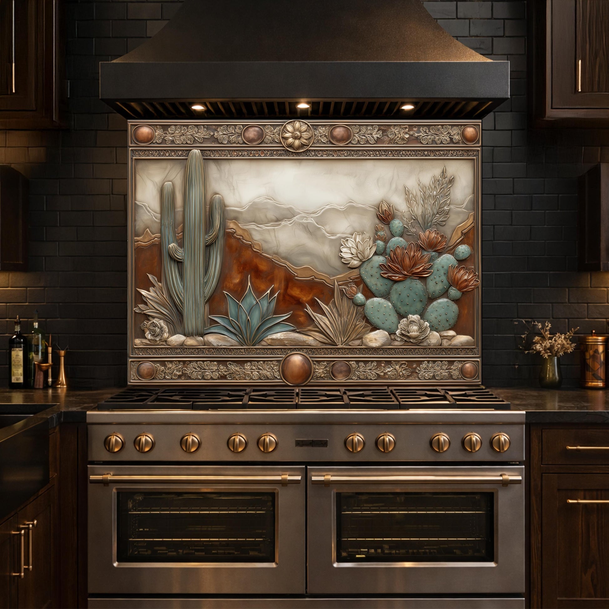 Desert Landscape Tempered Glass Backsplash, Copper Look Saguaro Cactus Wall Panel, Custom Size