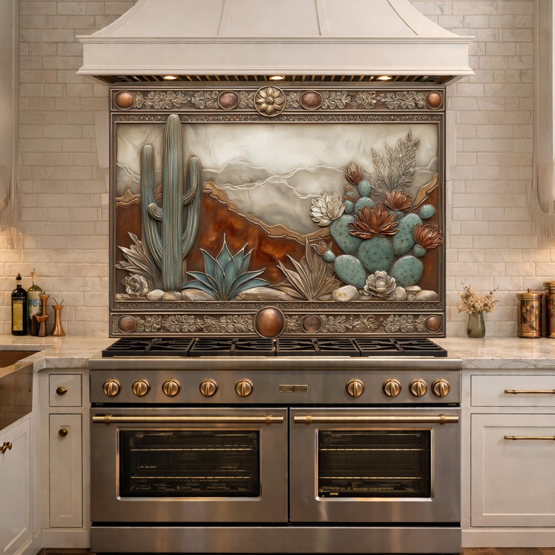 Desert Landscape Tempered Glass Backsplash, Copper Look Saguaro Cactus Wall Panel, Custom Size