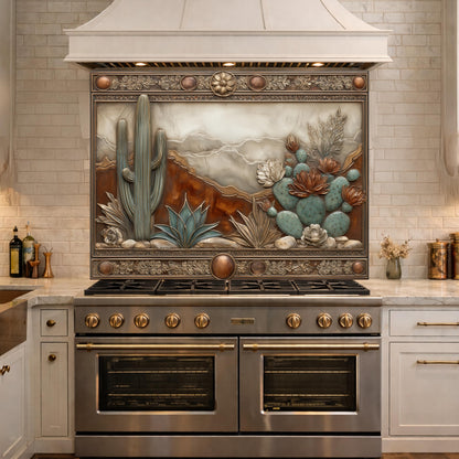 Desert Landscape Tempered Glass Backsplash, Copper Look Saguaro Cactus Wall Panel, Custom Size