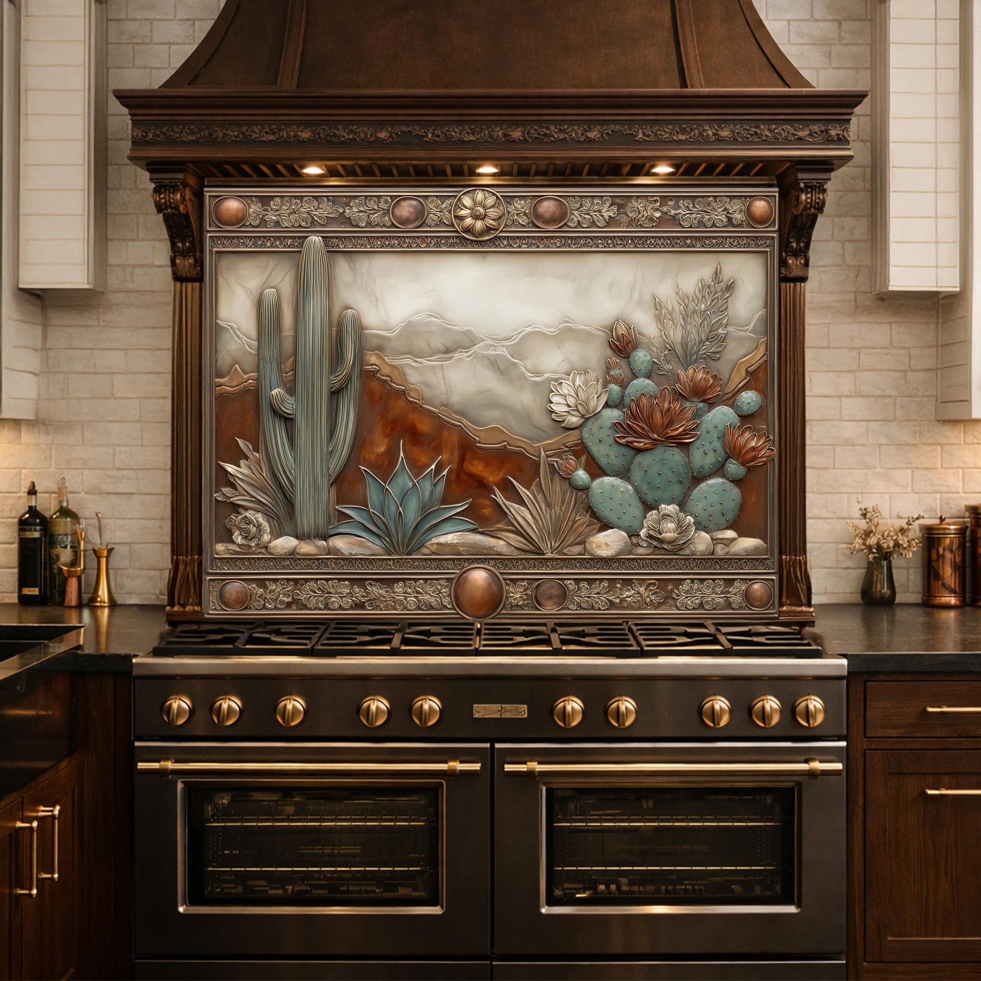 Desert Landscape Tempered Glass Backsplash, Copper Look Saguaro Cactus Wall Panel, Custom Size
