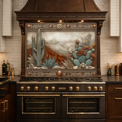 Desert Landscape Tempered Glass Backsplash, Copper Look Saguaro Cactus Wall Panel, Custom Size