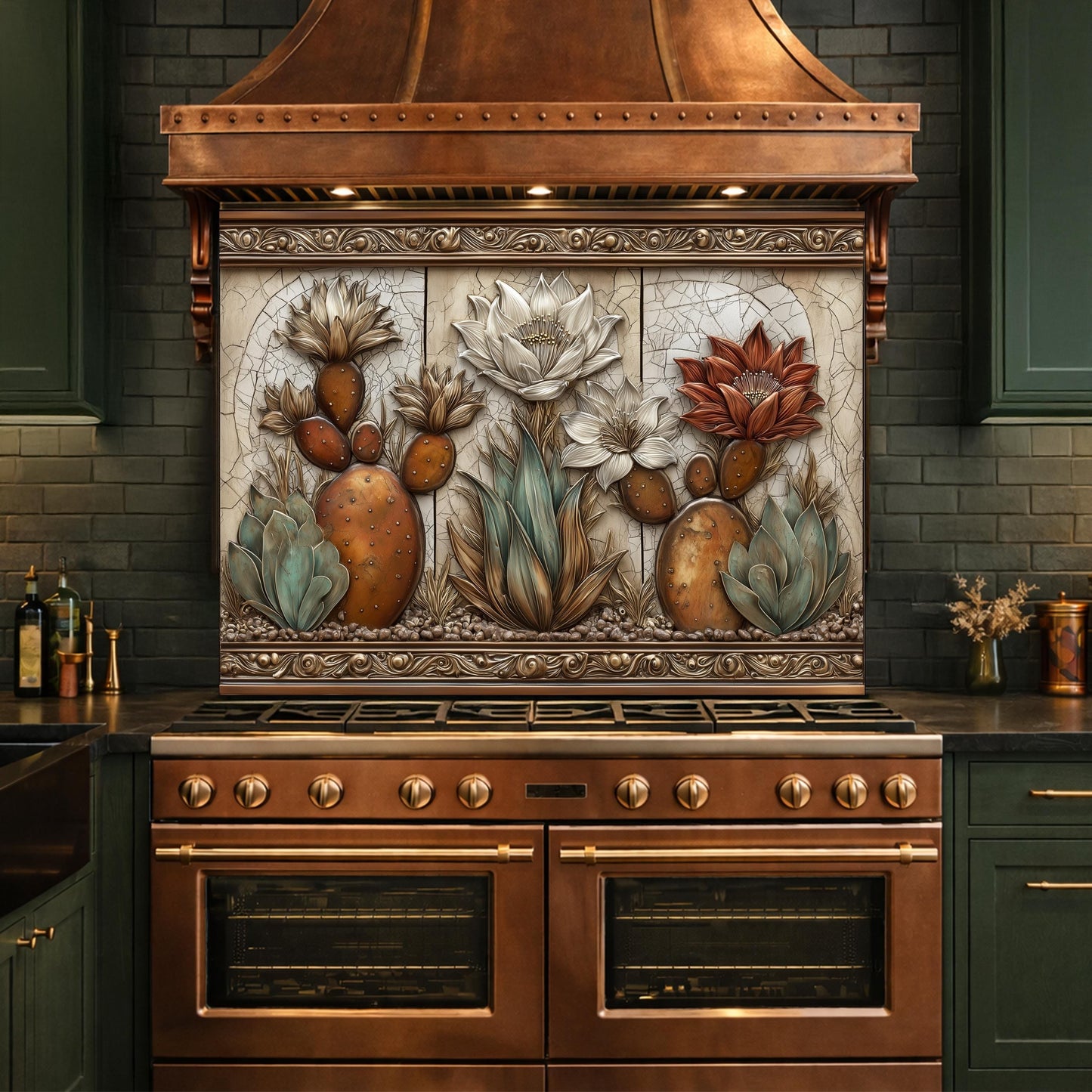Desert Oasis Tempered Glass Backsplash, Copper Look Saguaro Cactus Wall Panel, Custom Size