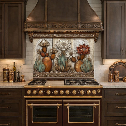 Desert Oasis Tempered Glass Backsplash, Copper Look Saguaro Cactus Wall Panel, Custom Size