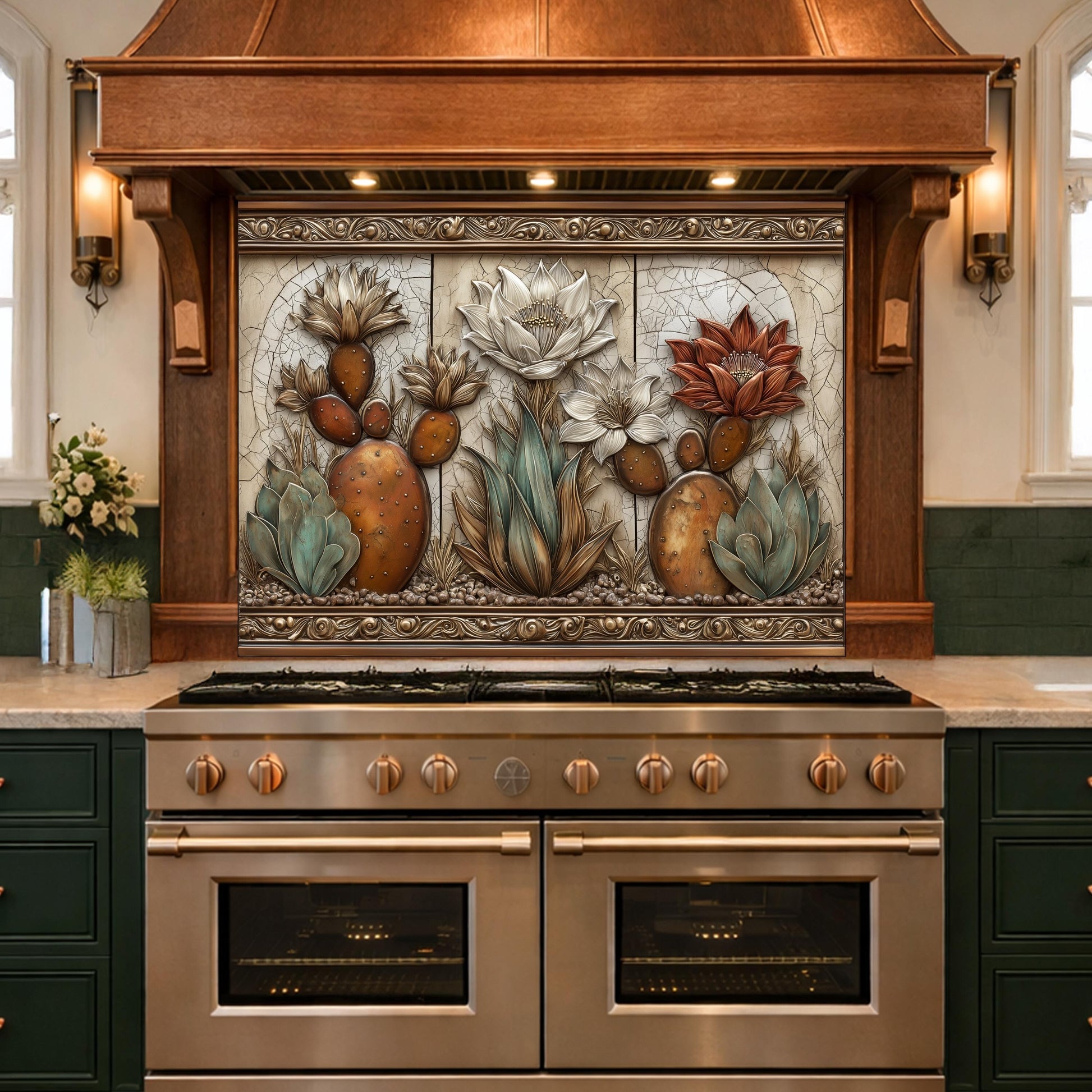 Desert Oasis Tempered Glass Backsplash, Copper Look Saguaro Cactus Wall Panel, Custom Size