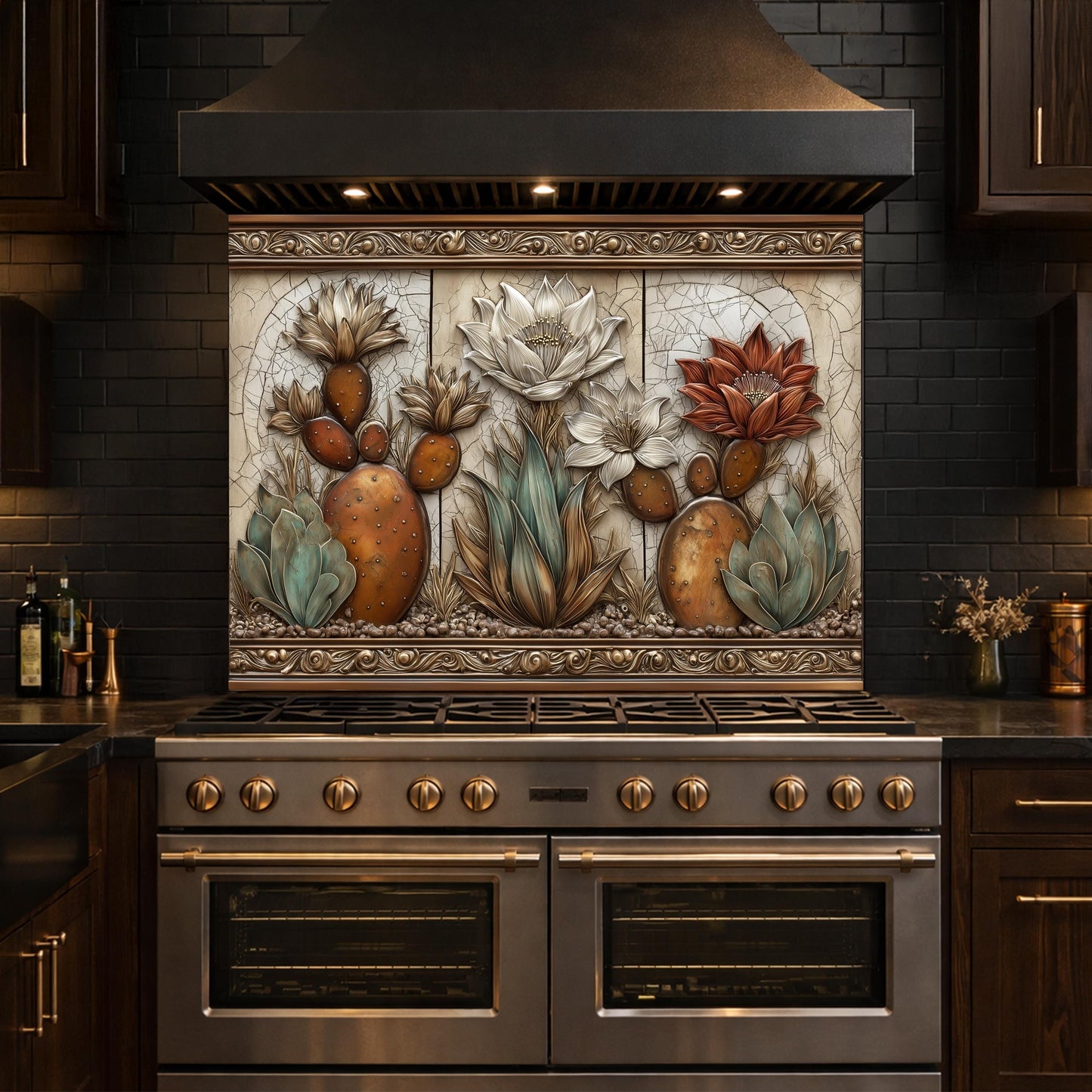 Desert Oasis Tempered Glass Backsplash, Copper Look Saguaro Cactus Wall Panel, Custom Size